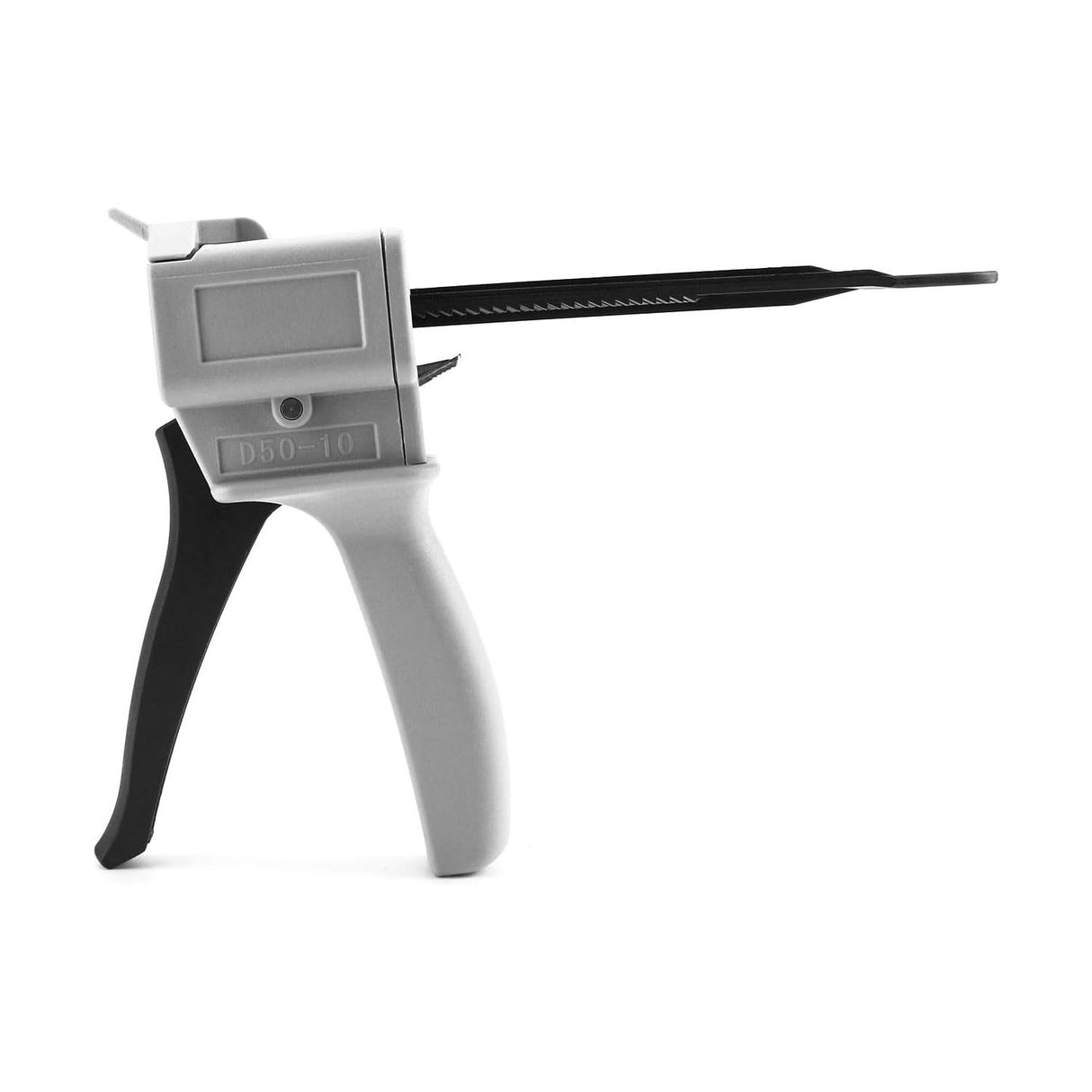 The Budget Cartridge Gun for Methacrylate 50ml 10:1 Mix (Round Flange), in gray and black with a trigger handle and extended rod, stands upright on a white background—ideal for precise dispensing of two-part adhesives.