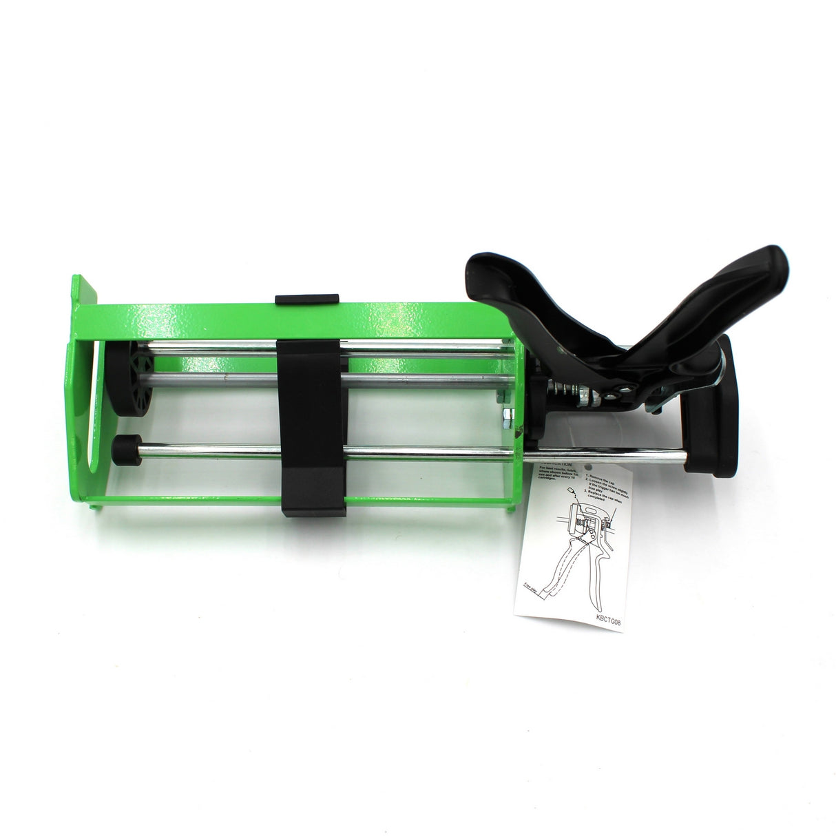 A green and black Manual Cartridge Gun for Methacrylate 490ml/500ml 10:1 Mix with metal rods and a plastic handle lies horizontally, an instruction sheet partially inserted at one end. Suitable for two-part adhesive packs.