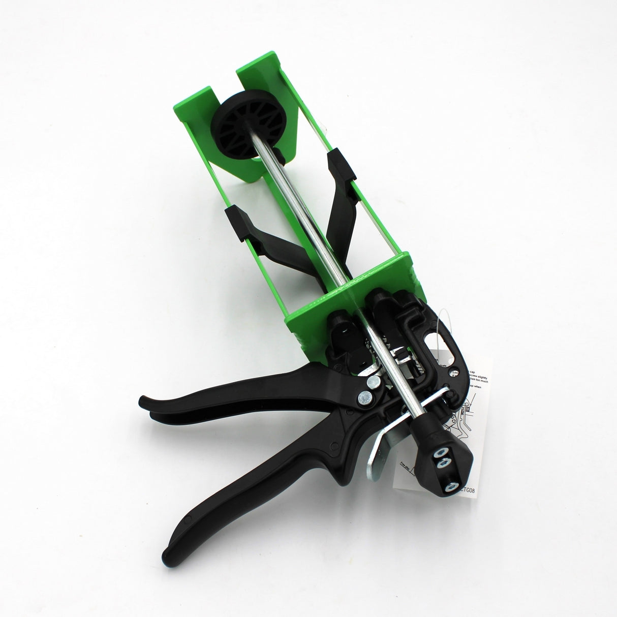 A Manual Cartridge Gun for Methacrylate 490ml/500ml 10:1 Mix with dual handles, metal rods, and a trigger mechanism is displayed on a white surface, designed for dispensing adhesives or sealants from cartridges.