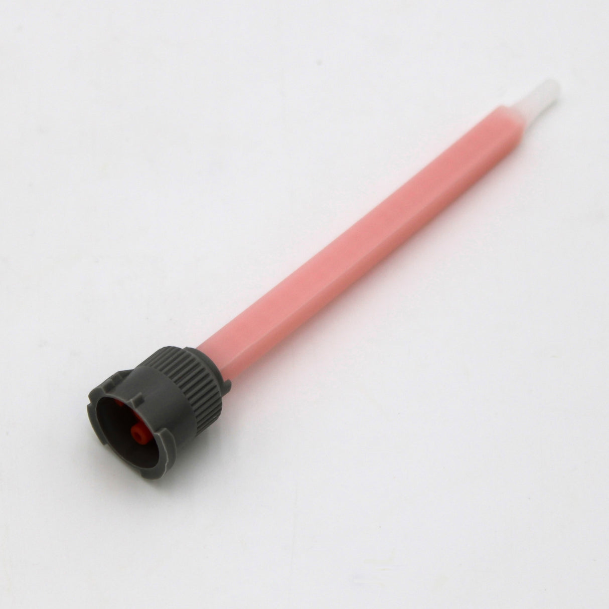 A Static Mixer for 2-part Methacrylate 50ml 10:1 Mix, B-System/S-System Twist-Lock, featuring a pink body with gray twist-lock fitting and narrow white tip, is displayed on a plain white background.