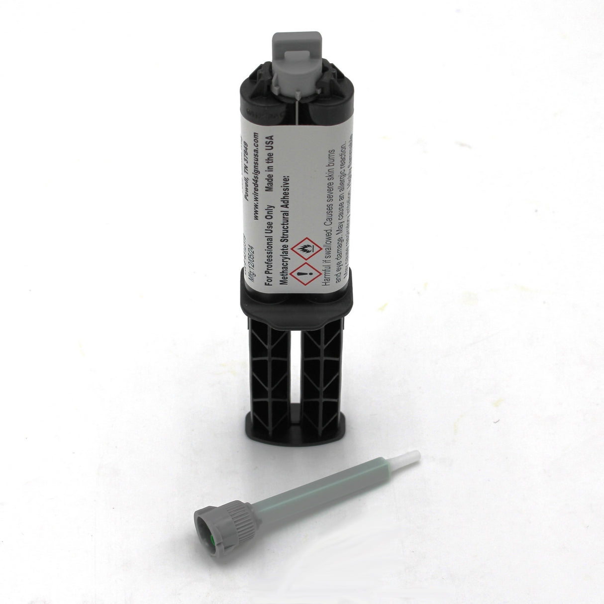 The Black 2-part Methacrylate Adhesive ~ W4S 55300 (25ml 1:1 Mix B-System) cartridge stands upright with its mixing nozzle in front, ready for industrial bonding on a white background.