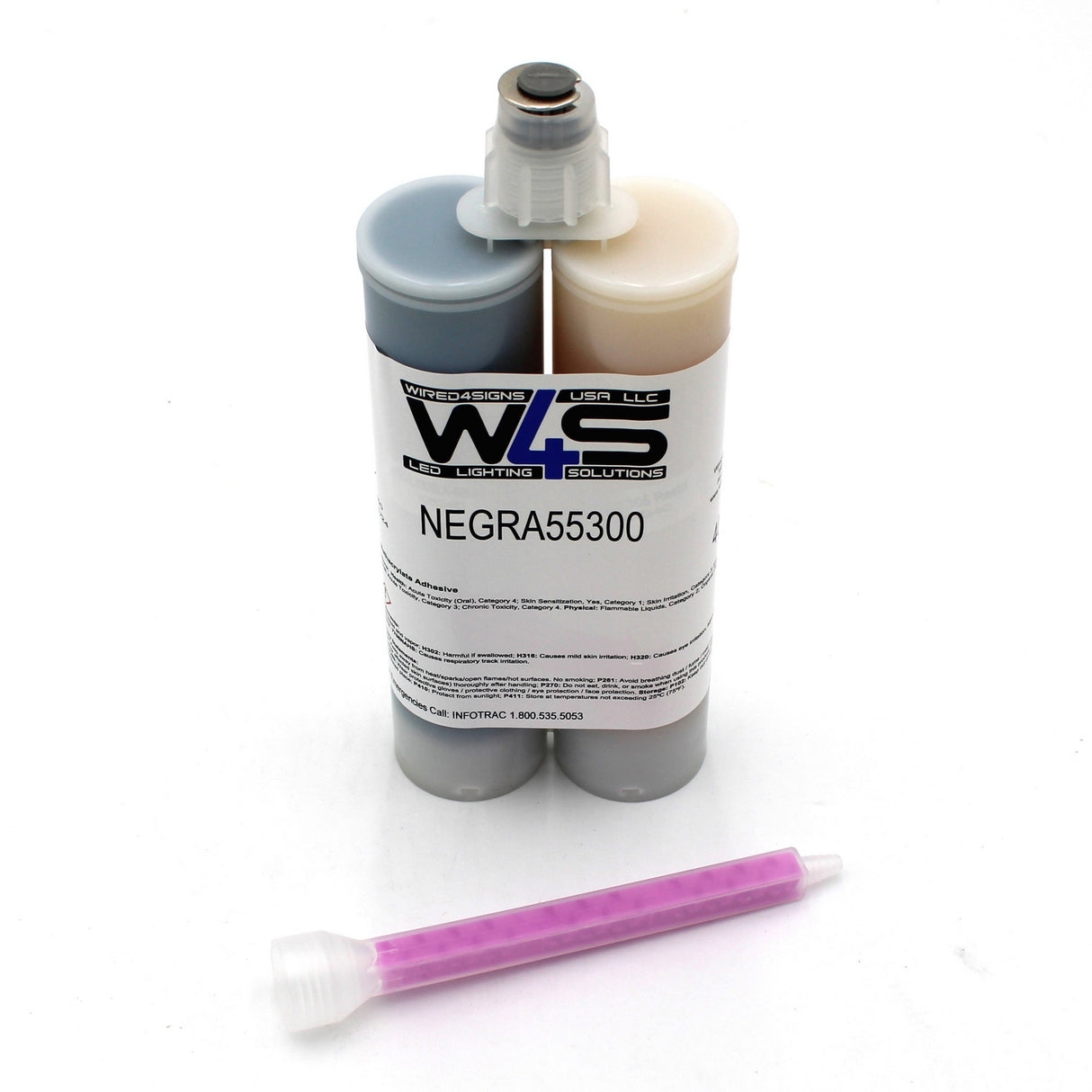 The Black 2-part Methacrylate Adhesive ~ W4S 55300 (400ml 1:1 Mix / C-System) by WD Lighting Solutions includes two connected cartridges and a purple mixing nozzle, perfect for precise industrial bonding applications.