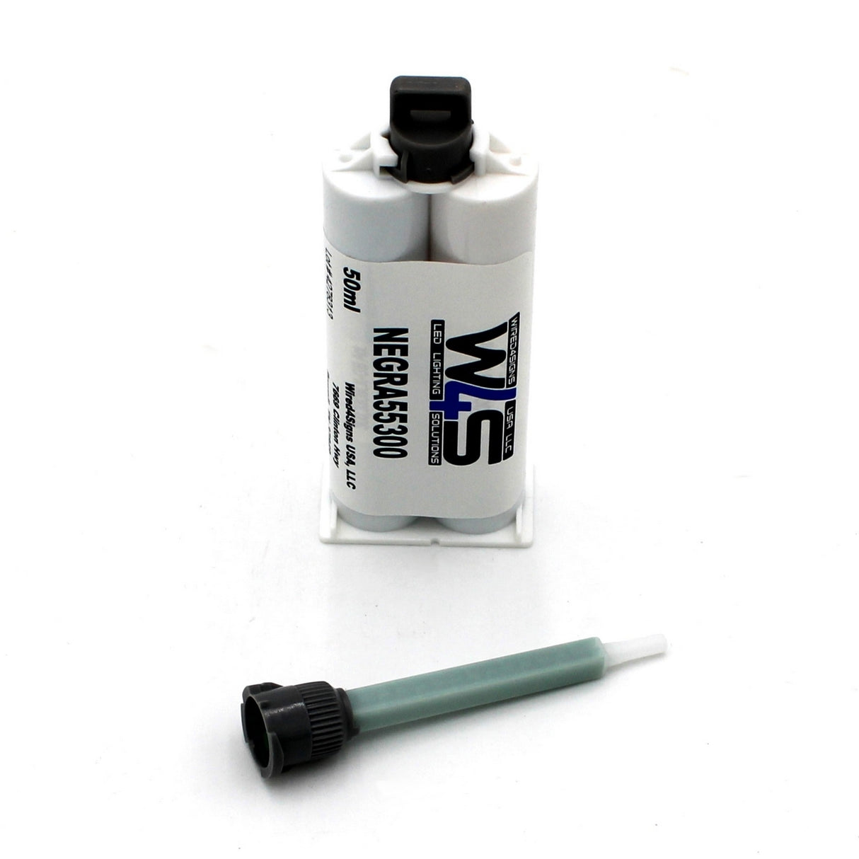 A 50ml dual-chamber cartridge of W4S 55300 Black 2-part Methacrylate Adhesive (1:1 Mix B-System) with a mixing nozzle is shown on a white background, designed for structural bonding applications.