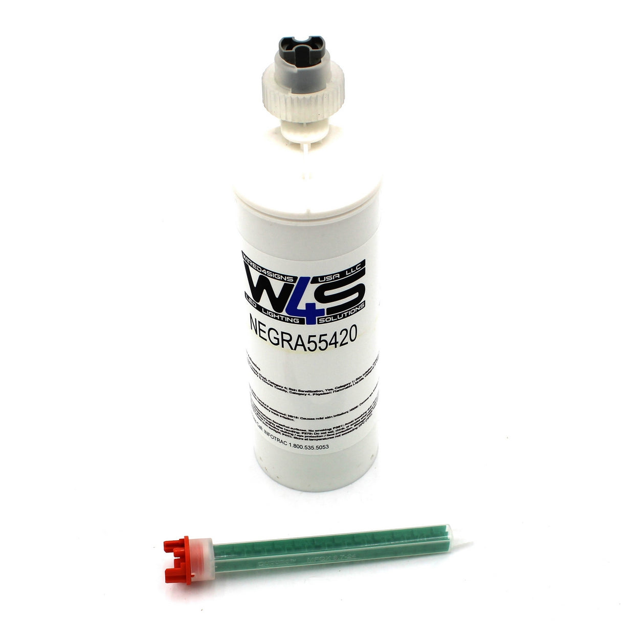 A white cylindrical cartridge labeled W4S 55420 (Black 2-part Methacrylate Adhesive, 500ml, 10:1 Mix, F-System) with WLS logo and a green mixing nozzle with red cap for industrial bonding, set against a white background.