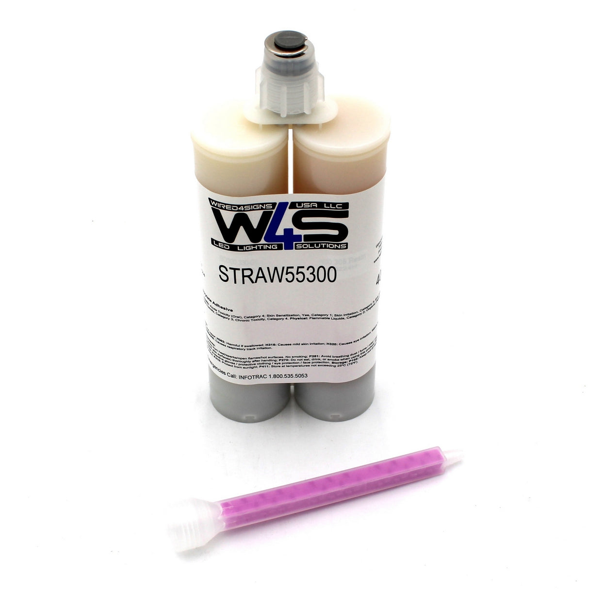 Cream 2-part Methacrylate Adhesive ~ W4S 55300 (400ml 1:1 Mix / C-System) cartridge from WDS, shown on a white background with a detachable mixing nozzle featuring a purple internal spiral placed in front of it.