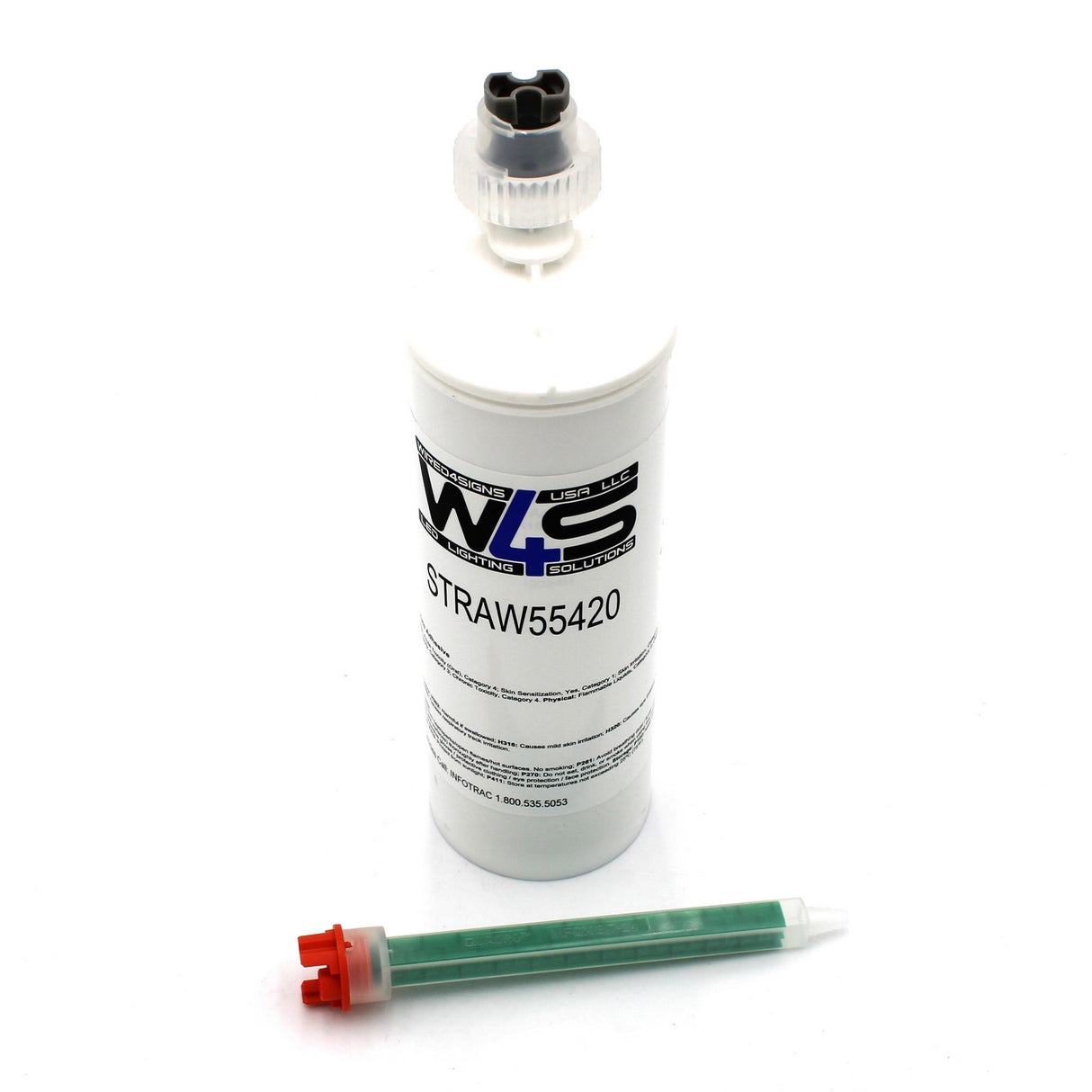 A white cartridge labeled “W4S 55420” stands upright with a black and gray cap, beside a green mixing nozzle with red and gray connectors—ideal for applying Cream 2-part Methacrylate Adhesive (500ml, 10:1 Mix/F-System) in industrial bonding.