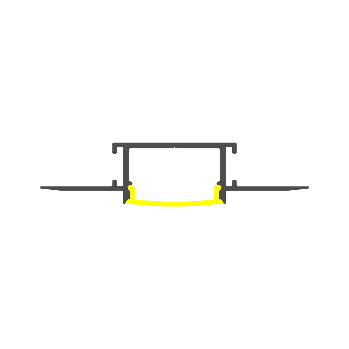 A simple black technical drawing of the 1.1 Ceiling/Wall Recessed Linear LED Lighting Profile (Model Montana), showing a highlighted curved yellow section at the bottom center for ceiling and wall illumination.