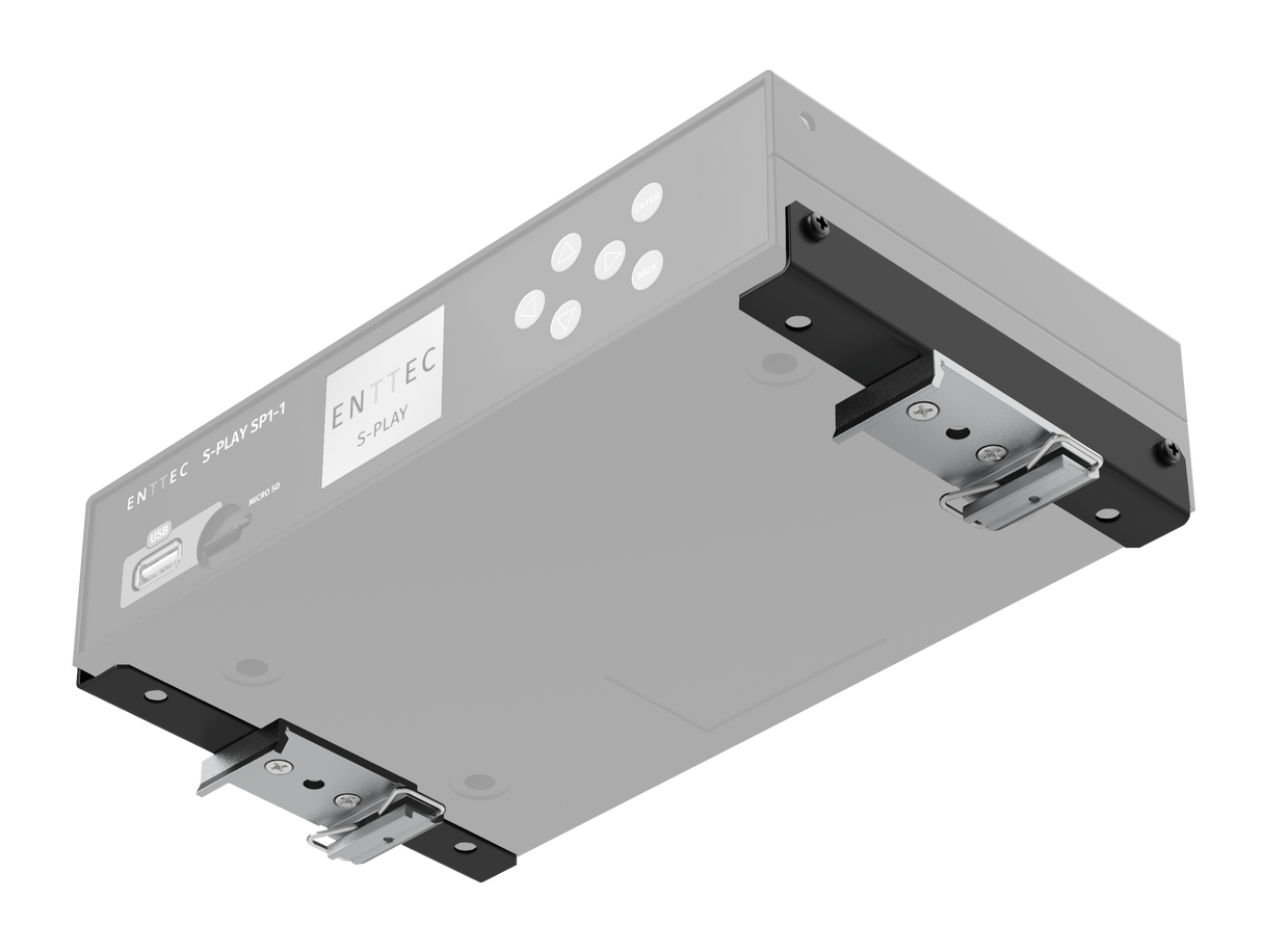 A rectangular Professional 32-Universe DMX Show Controller (Enttec S-Play SP1-1) with buttons, switch, and mounting brackets on its side and bottom, shown from a low angle.