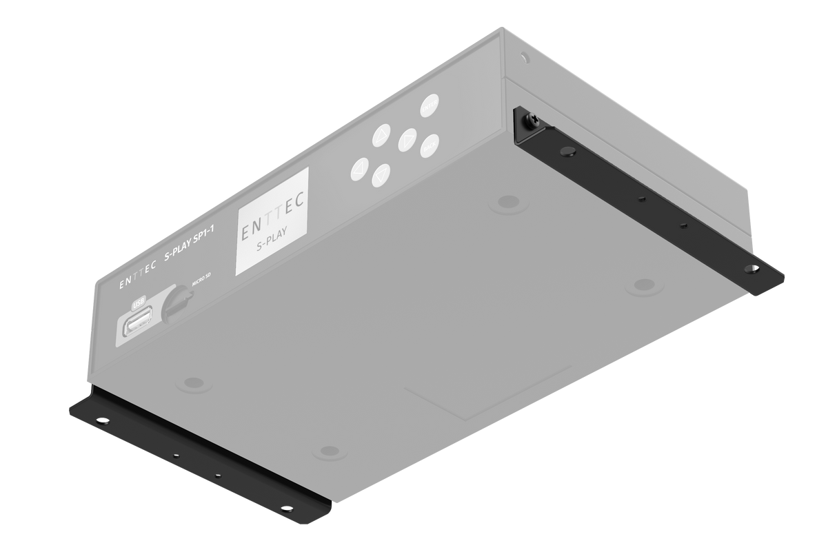 A gray, rectangular device labeled Professional 32-Universe DMX Show Controller ~ Enttec S-Play SP1-1, featuring various buttons and ports, is viewed from a low front angle with black mounting brackets on both sides.