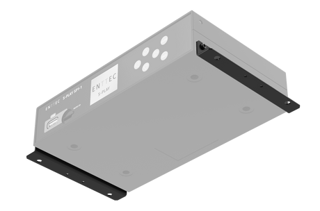 A gray, rectangular device labeled Professional 32-Universe DMX Show Controller ~ Enttec S-Play SP1-1, featuring various buttons and ports, is viewed from a low front angle with black mounting brackets on both sides.