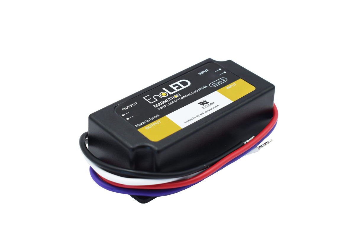 A rectangular black Super Compact Dimmable Class 2 LED Driver (12V) from the EnoLED MRD Series, featuring red, blue, and white wires, is shown against a white background—ideal for 12V DC LED strip installations.