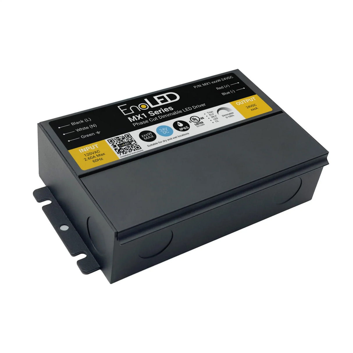 A black rectangular EnoLED MX1 Series Compact Dimmable J-Box LED Driver (24V) with phase cut dimming for energy-efficient lighting, featuring labeled input/output terminals, specs, and side mounting brackets.