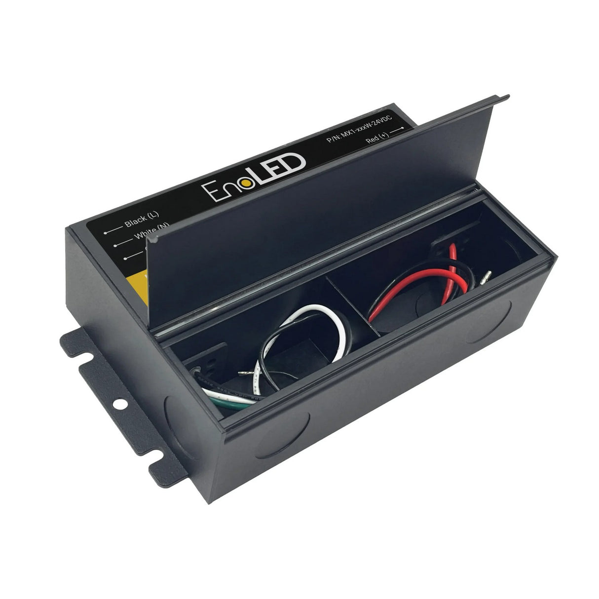 A black Compact Dimmable J-Box LED Driver (24V) from the EnoLED MX1 Series sits with its lid open, revealing organized black, white, and green wires inside for energy-efficient or dimmable LED lighting applications.