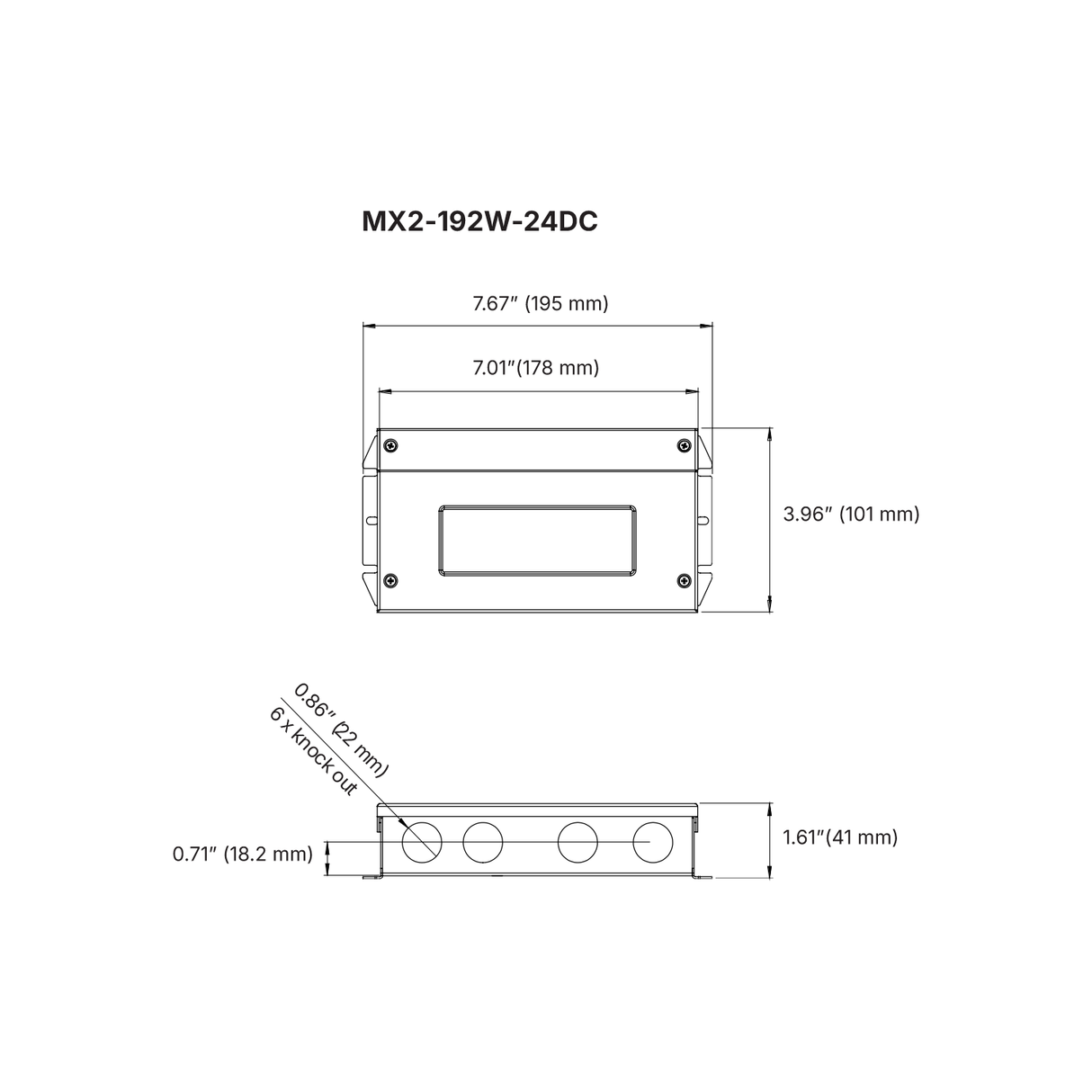 Technical drawing of the EnoLED MX2 Series Multi-Channel Dimmable Class 2 LED Driver (24V) front (7.67 x 3.96) and side (1.61) views, showing dimensions in inches/mm, knockout positions, and the IP65 rating.
