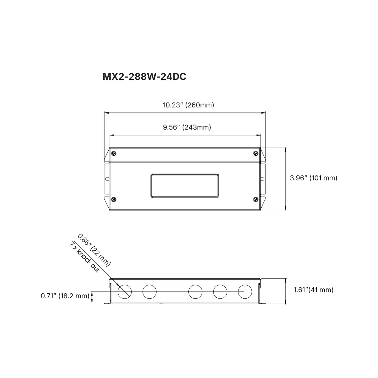 Technical drawing of the Multi-Channel Dimmable Class 2 LED Driver (24V) ~ EnoLED MX2 Series, IP65 rated, displaying front, side, and top views (10.23 x 3.96 x 1.61), circular ports, mounting holes, and measurements in inches/mm.