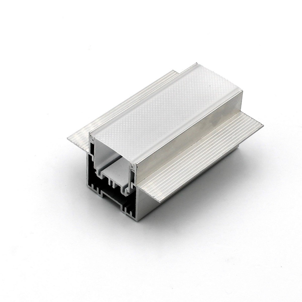 A close-up of the LED Diffuser for Easy-On Slim/Mini Architectural Profiles, featuring silver aluminum with grooved and flat surfaces, perfect for housing an LED strip, displayed on a white background.