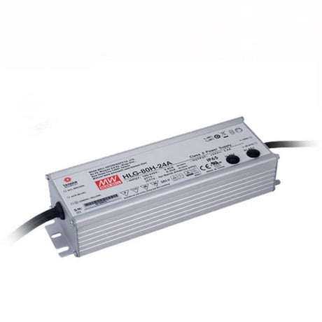 A rectangular silver Meanwell HLG Series Indoor/Outdoor LED Driver (24V) with a ribbed metal casing, black cables at both ends, high efficiency, IP67/IP65 ratings, and certification symbols on the top.