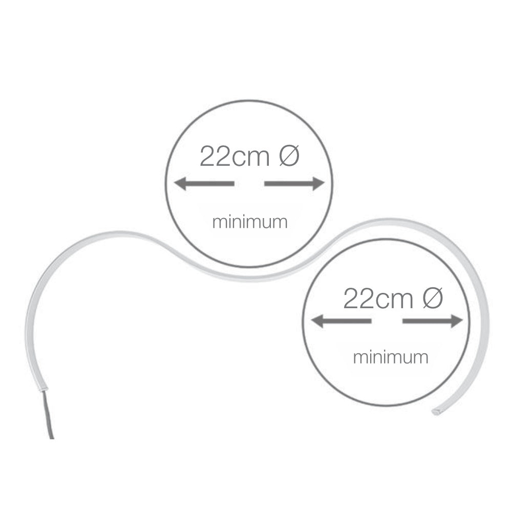 A diagram displays the Ultra Thin Bendable LED Strip Channel ~ Model Milano Slim shaped into a wavy white tube with two circles (each marked 22cm Ø minimum) and arrows measuring the diameter across, showing required curve dimensions.