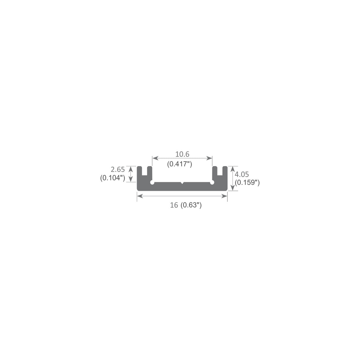 A technical diagram of the Ultra Thin Bendable LED Strip Channel (Model Milano Slim) shows its cross-section with labeled dimensions: 16 mm width, 10.6 mm inner width, 2.65 mm height, and 4.05 mm upper height.