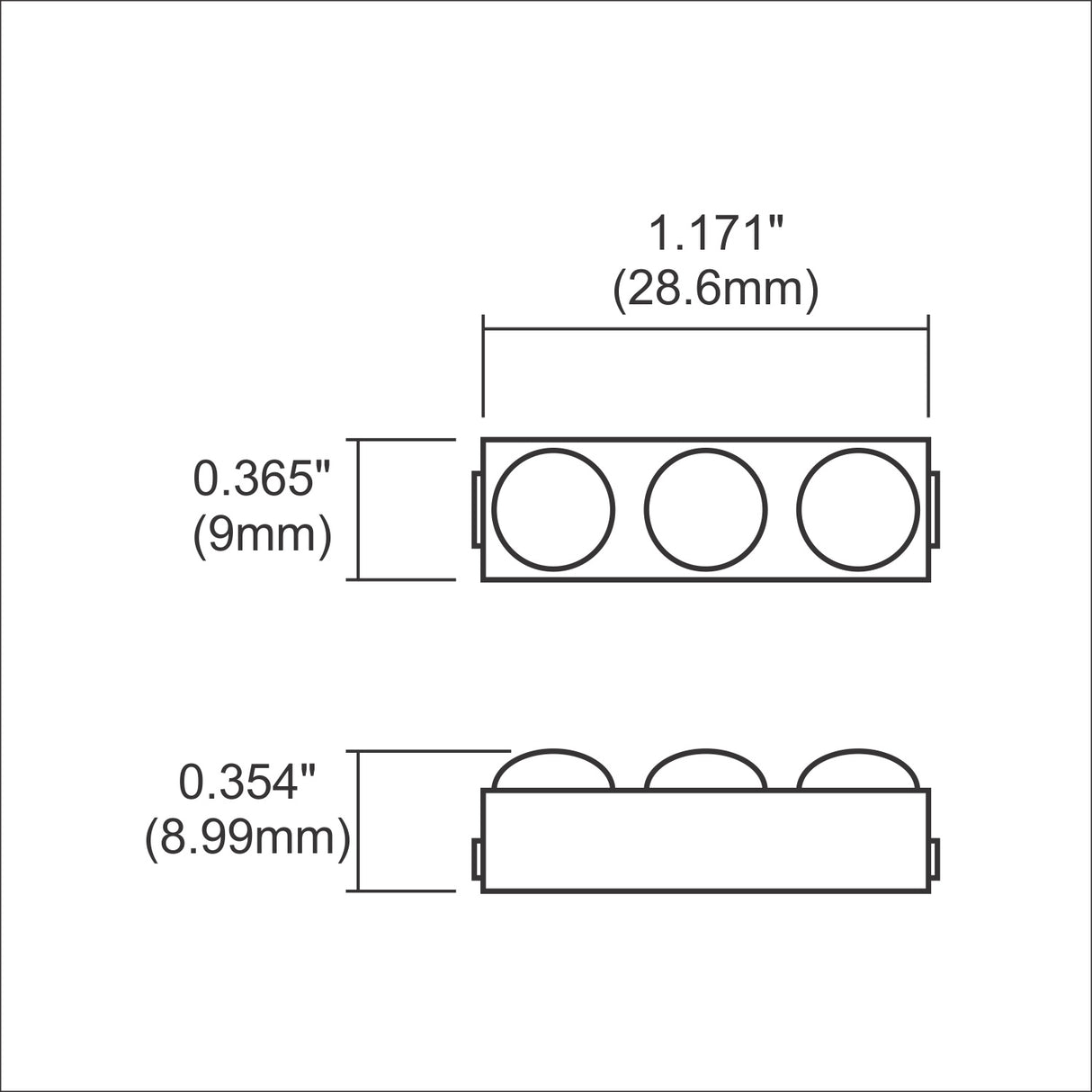 Line drawing of the Mini3 White 160 Mini LED Module ~ Wide Angle Series, rectangular with three circular sections, shown from top and side views. Dimensions: 1.171 (28.6mm) long, 0.365 (9mm) high, 0.354 (8.99mm) deep.