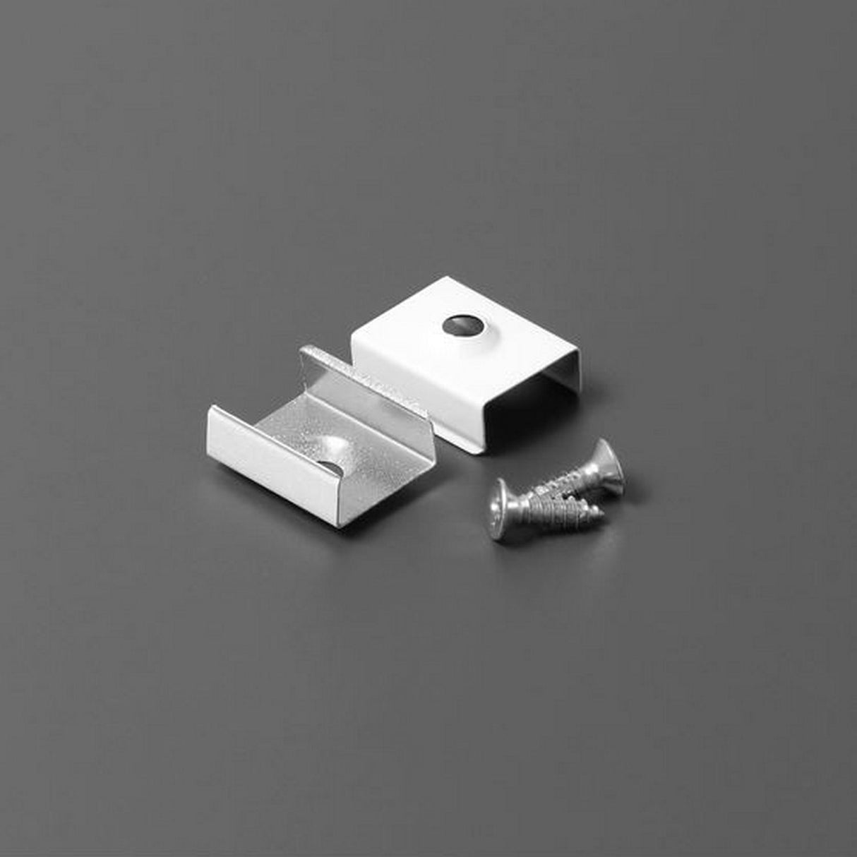Two Mounting Clip Z stainless steel clips and two silver screws are displayed on a plain gray surface.