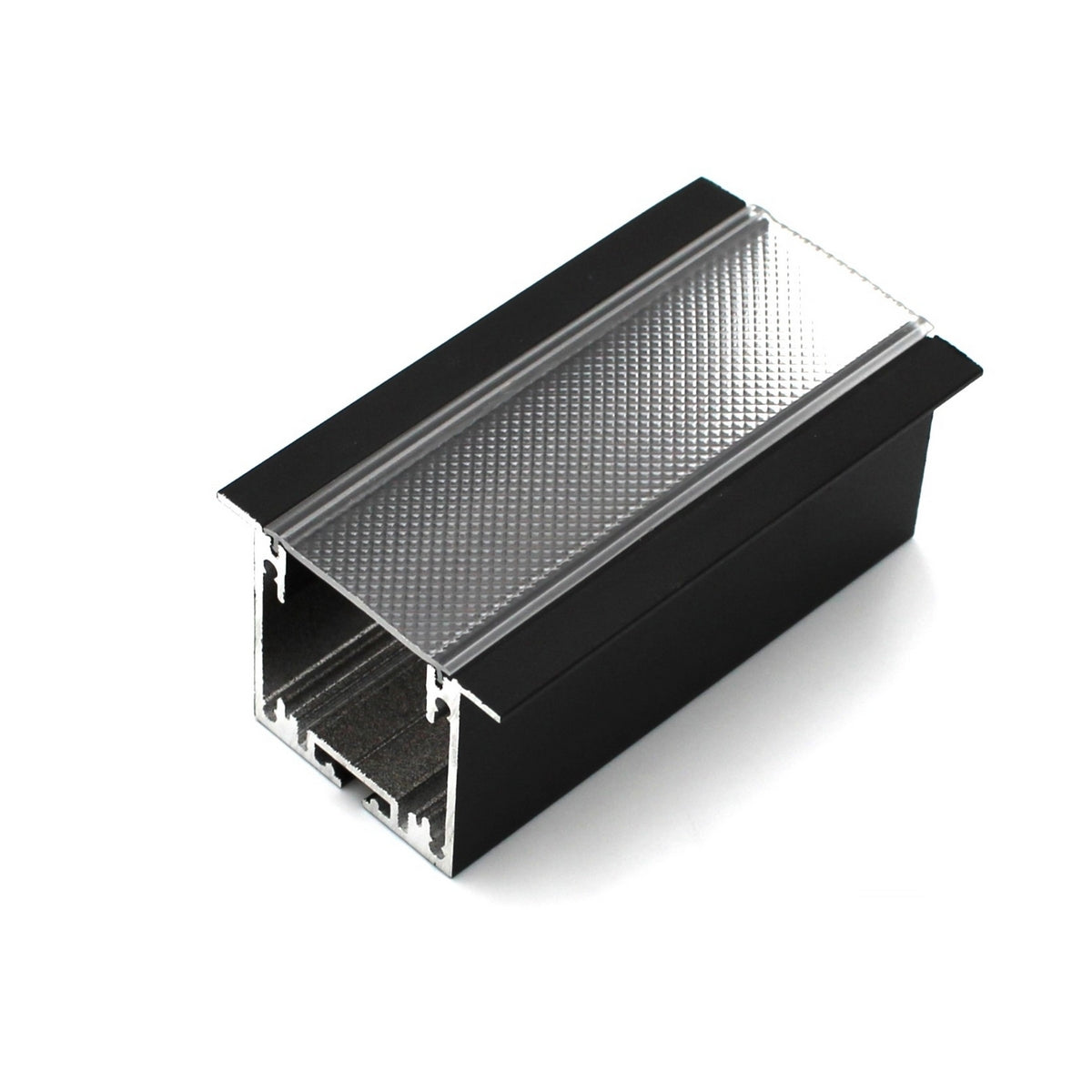 The LED Diffuser for Easy-On Slim/Mini Architectural Profiles is a black rectangular metal enclosure with an open end and a textured, perforated silver top cover, ideal for housing electronics or diffusing LEDs in modern profiles.