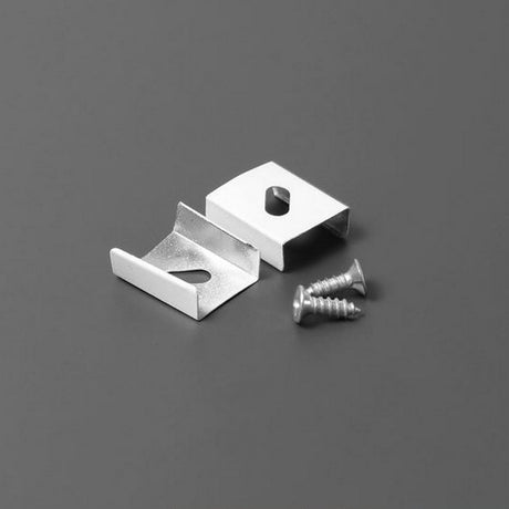 Two Mounting Clip Z stainless steel profile mounting clips, each with a hole, plus two matching screws are shown on a plain gray background.