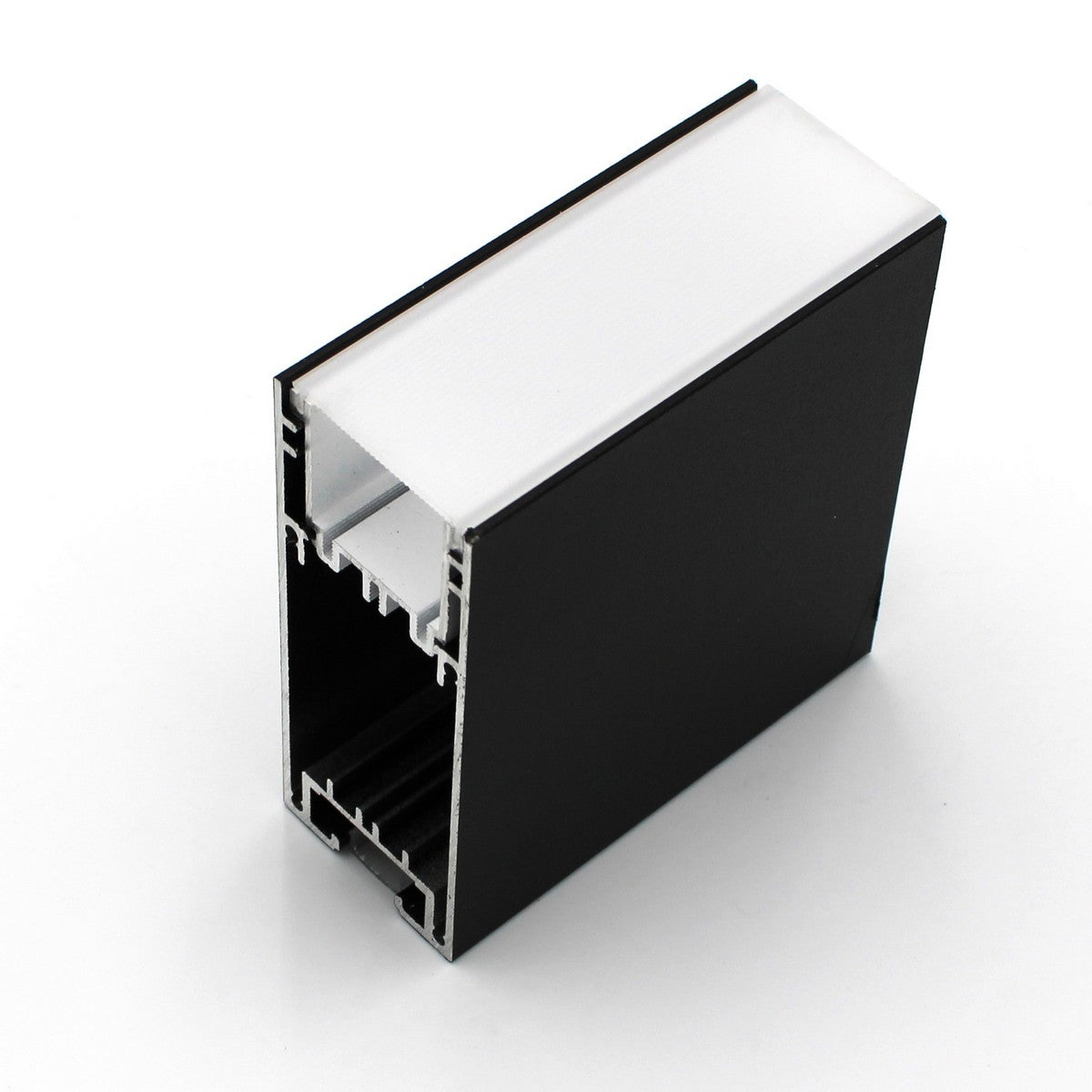 The LED Diffuser for Easy-On Slim/Mini Architectural Profiles is a rectangular black aluminum extrusion with a white translucent top, shown angled on a white background to display its hollow interior—perfect for housing LED strip lights.