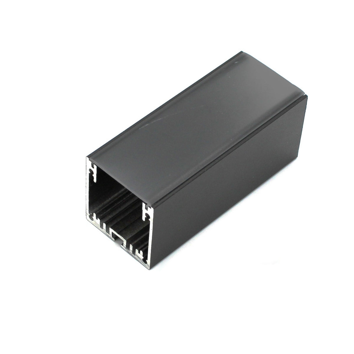 LED Diffuser for Easy-On Slim/Mini Architectural Profiles: A rectangular black aluminum extrusion with open ends, ideal for housing LED strips or electronics. Interior grooves allow easy installation of boards, while the matte finish matches modern architectural styles.