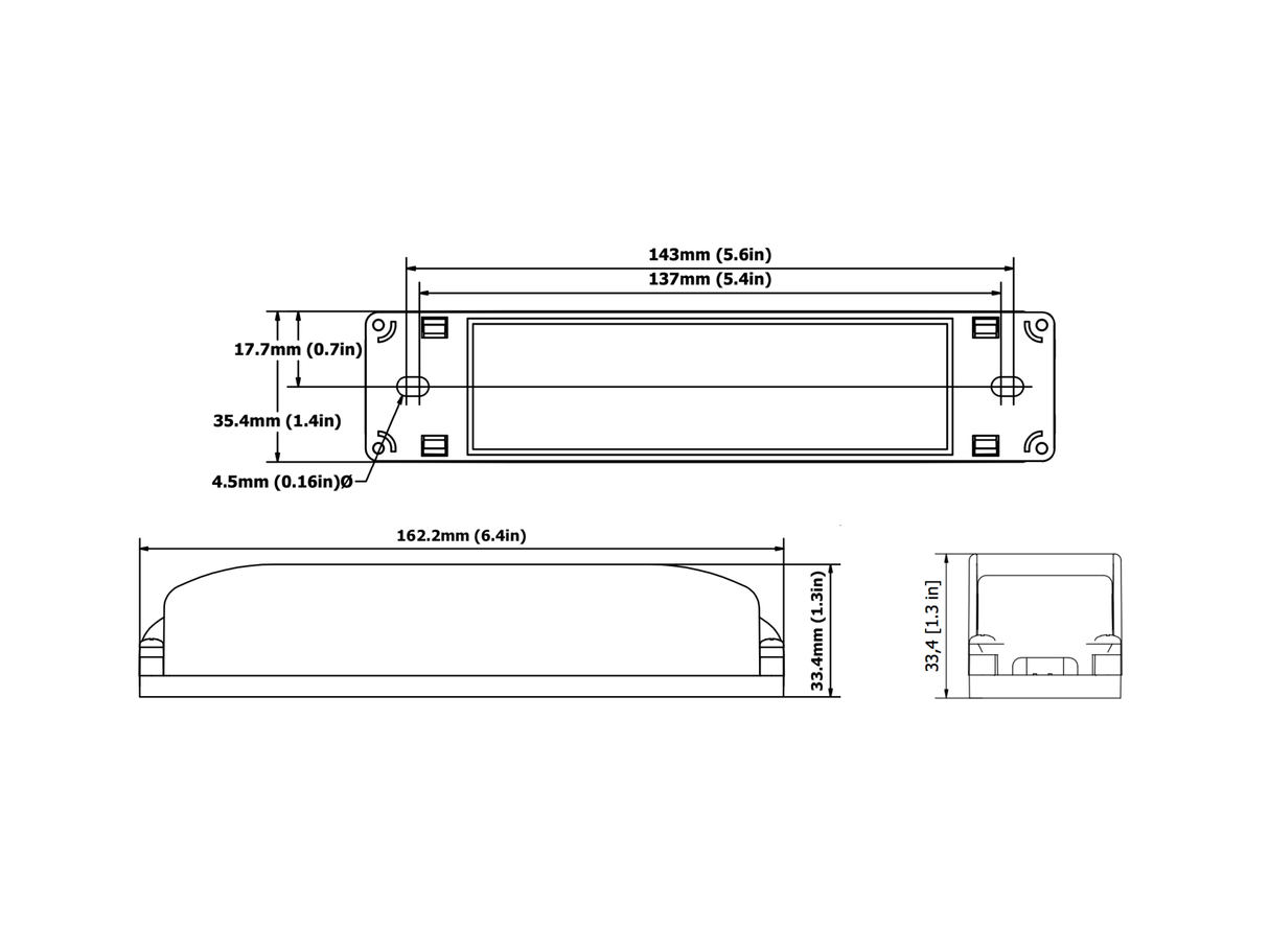 Technical drawing of the Casambi 4-Channel Long-Range Wireless PWM Dimming Controller (Eulum NDRV-CSB-4-SSF), 143mm x 39.4mm x 17.7mm, showing top, front, and side views with mounting hole details for RGBW LED use.