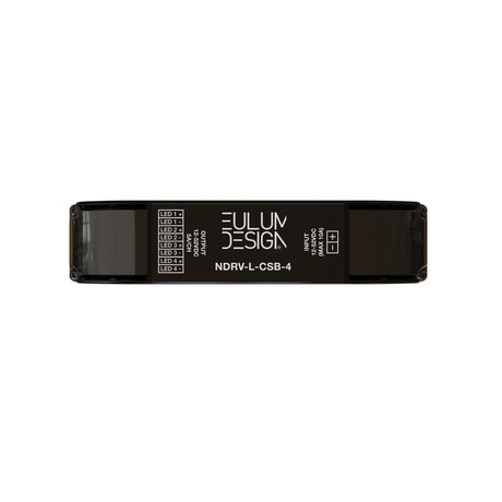 A rectangular black device labeled Eulum NDRV-CSB-4-SSF, the Casambi 4-Channel Long-Range Wireless PWM Dimming Controller for LED use, with ports and indicators on each side, is shown against a white background.