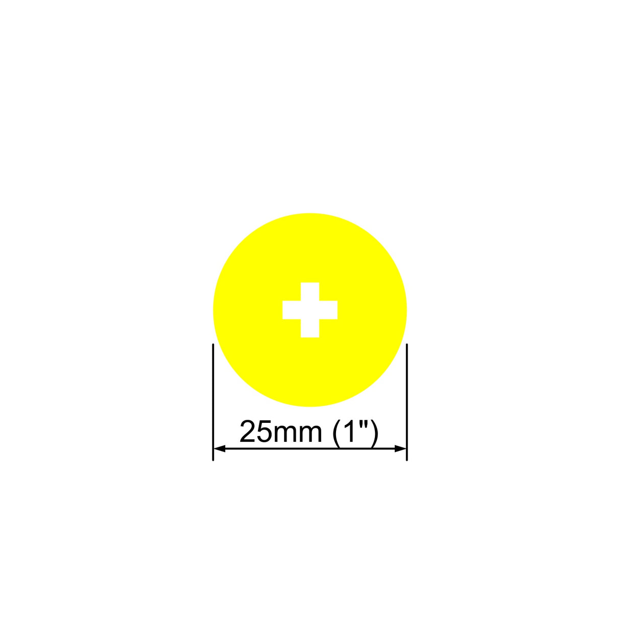 A yellow circle with a white plus sign appears above a double-ended arrow labeled 25mm (1 inch) diameter, showcasing the Flexible White LED Neon Tube ~ Neon 360 Series on a white background.