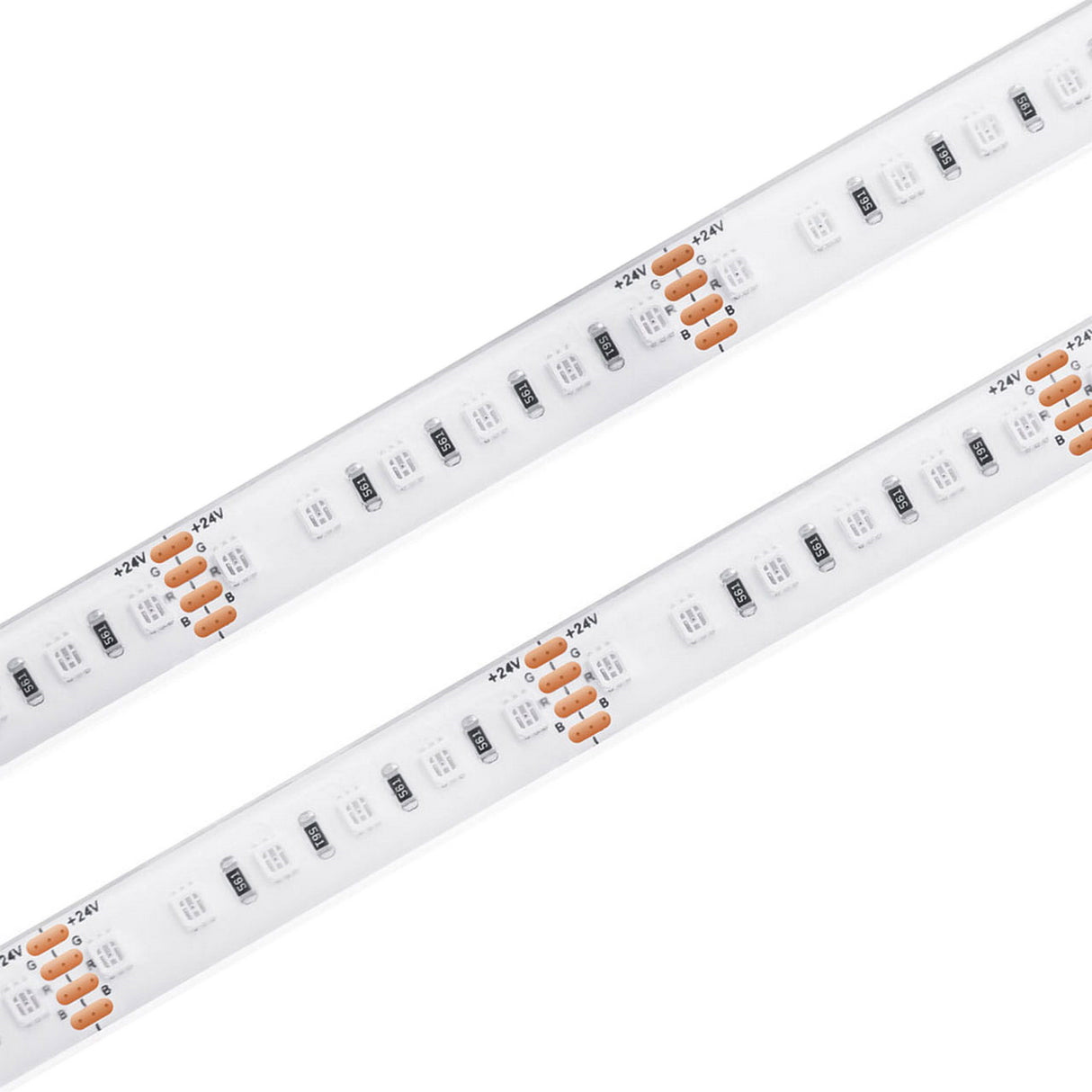 Close-up of two parallel Bright RGB IP68 LED Strips (24V) ~ Verbena Series with visible individual LED chips and copper contacts, highlighting advanced Osram components on a white background.