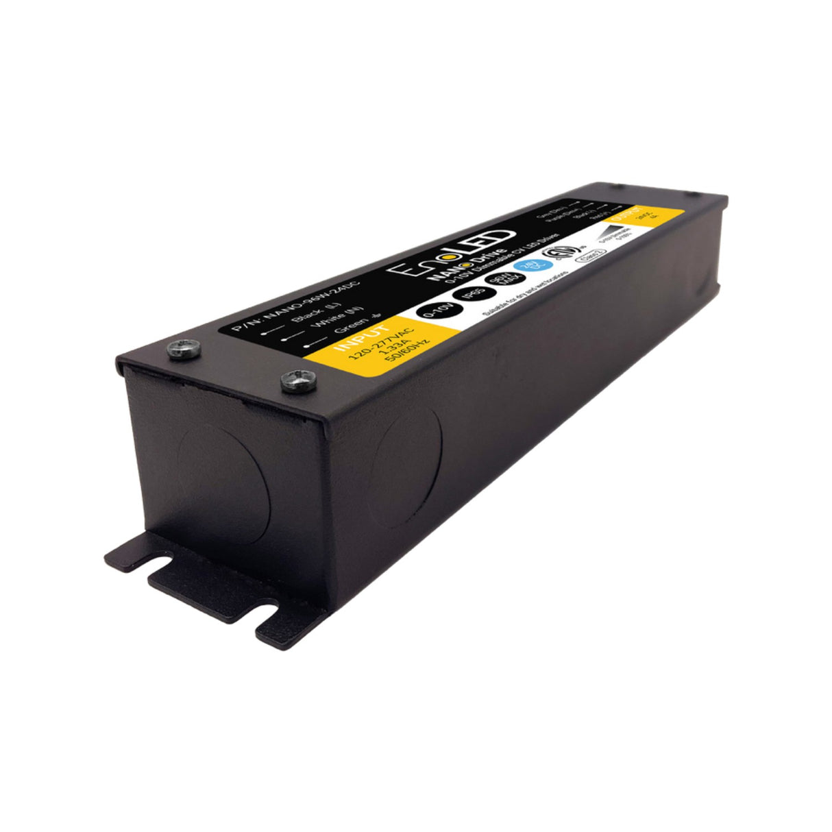 A black rectangular EnoLED NanoDrive Series Dimmable CV LED Driver (24V, 0-10V PWM) with Evolvd branding and specs on top, mounting tabs on one side, and circular knockout panels at each end.