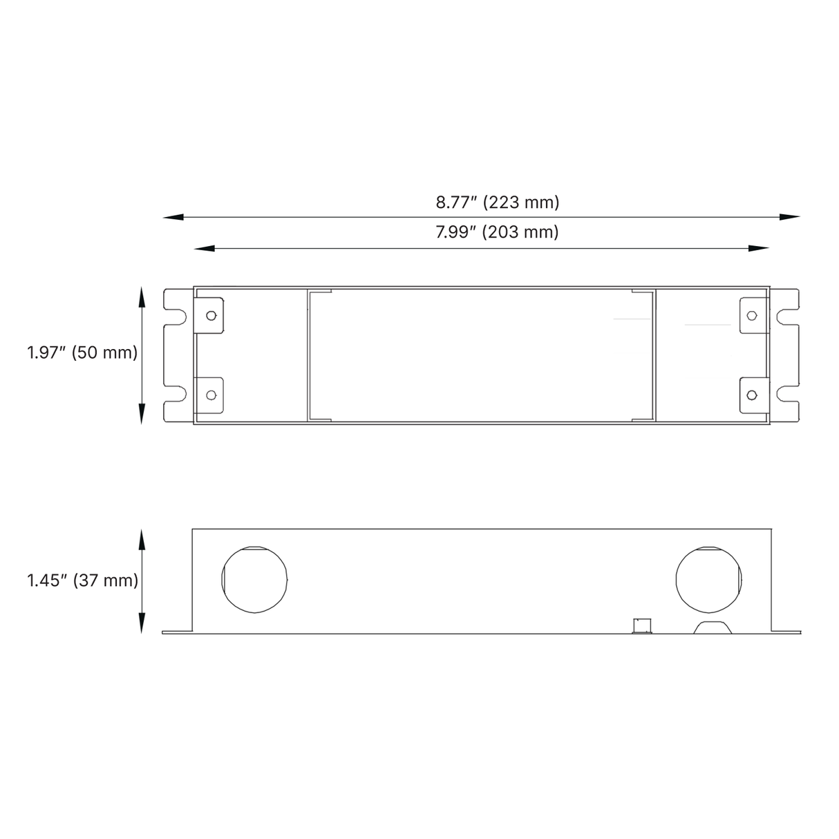 Technical drawing of the Dimmable CV LED Driver 0-10V PWM (24V), EnoLED NanoDrive Series: rectangular bracket, front/side views with measurements—width: 8.77 in (223 mm), height: 1.97 in (50 mm), depth: 1.45 in (37 mm), holes: 7.99 in (203 mm).