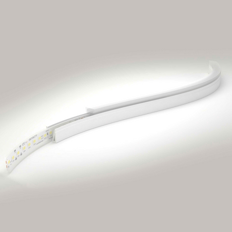 The Flexible LED Neon Light Silicone Profile ~ Model Neon Las Vegas Easy is partially inserted into a curved white silicone profile, both displayed on a neutral light gray background.
