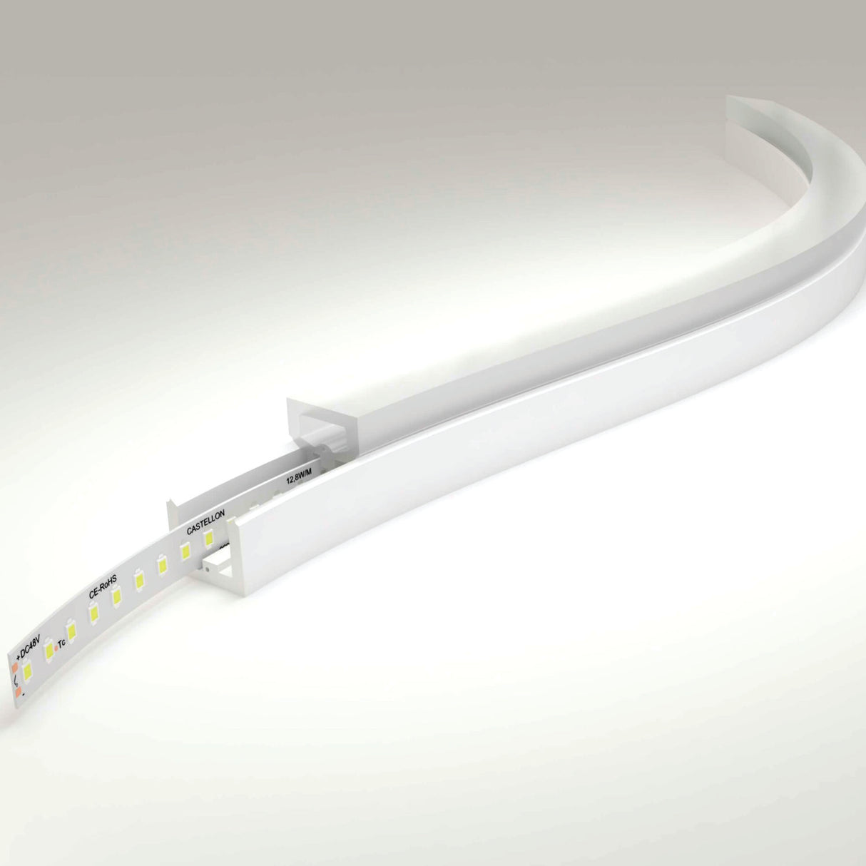 The Wide Flexible Neon Lights LED Profile ~ Model Neon Las Vegas XL, resembling silicone neon, is partially inserted into a curved white plastic track, displayed on a light background.