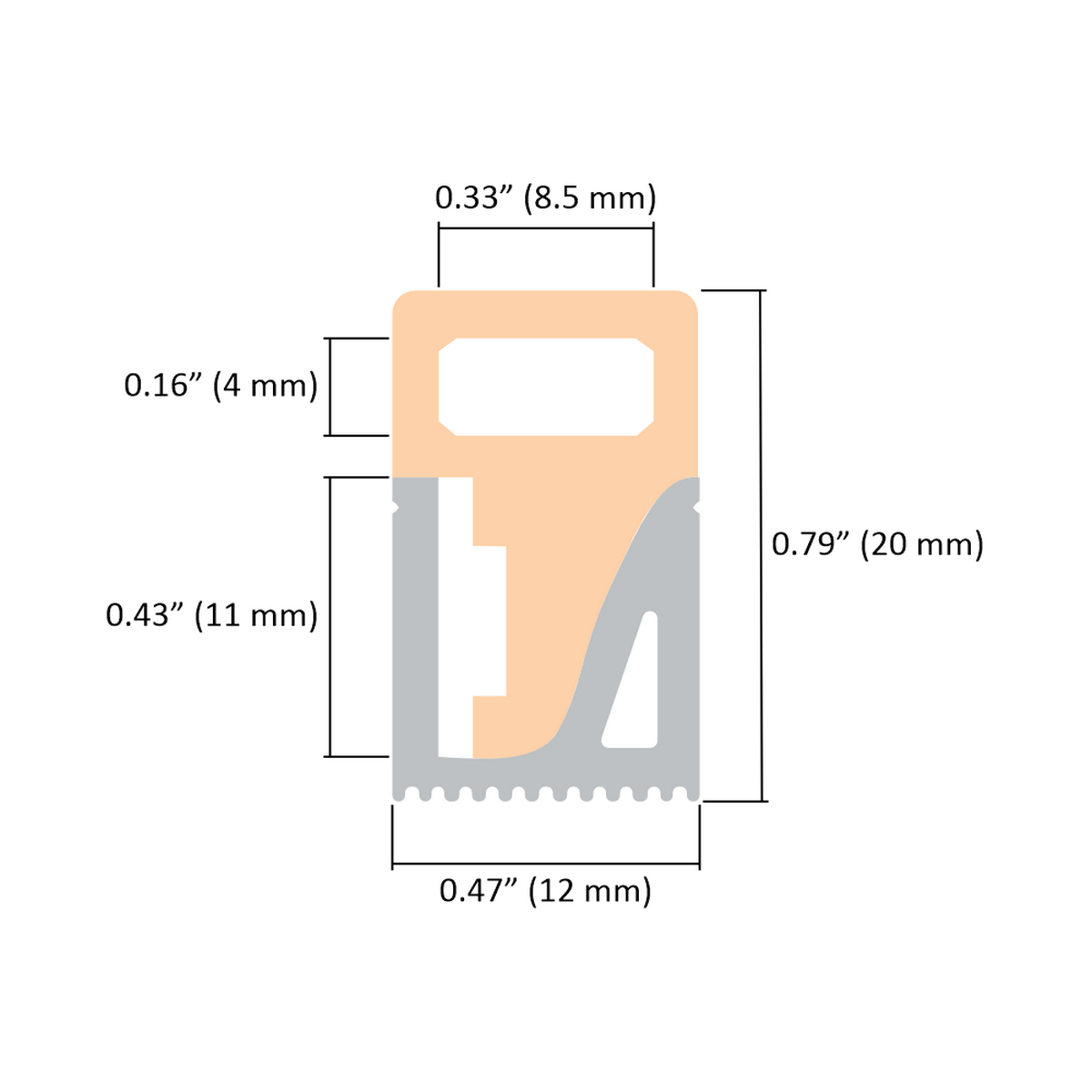 Diagram of the Flexible LED Neon Light Silicone Profile, Model Neon Las Vegas: rectangular shape with labeled dimensions—width 0.47 in (12 mm), height 0.79 in (20 mm), upper segment 0.16 in (4 mm); ideal for outdoor decorative lighting.