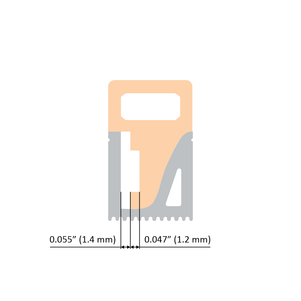 Cross-section diagram of the Flexible LED Neon Light Silicone Profile ~ Model Neon Las Vegas, showing technical measurements; double arrows at the bottom indicate two widths—0.055” (1.4 mm) and 0.047” (1.2 mm)—ideal for decorative or outdoor lighting.