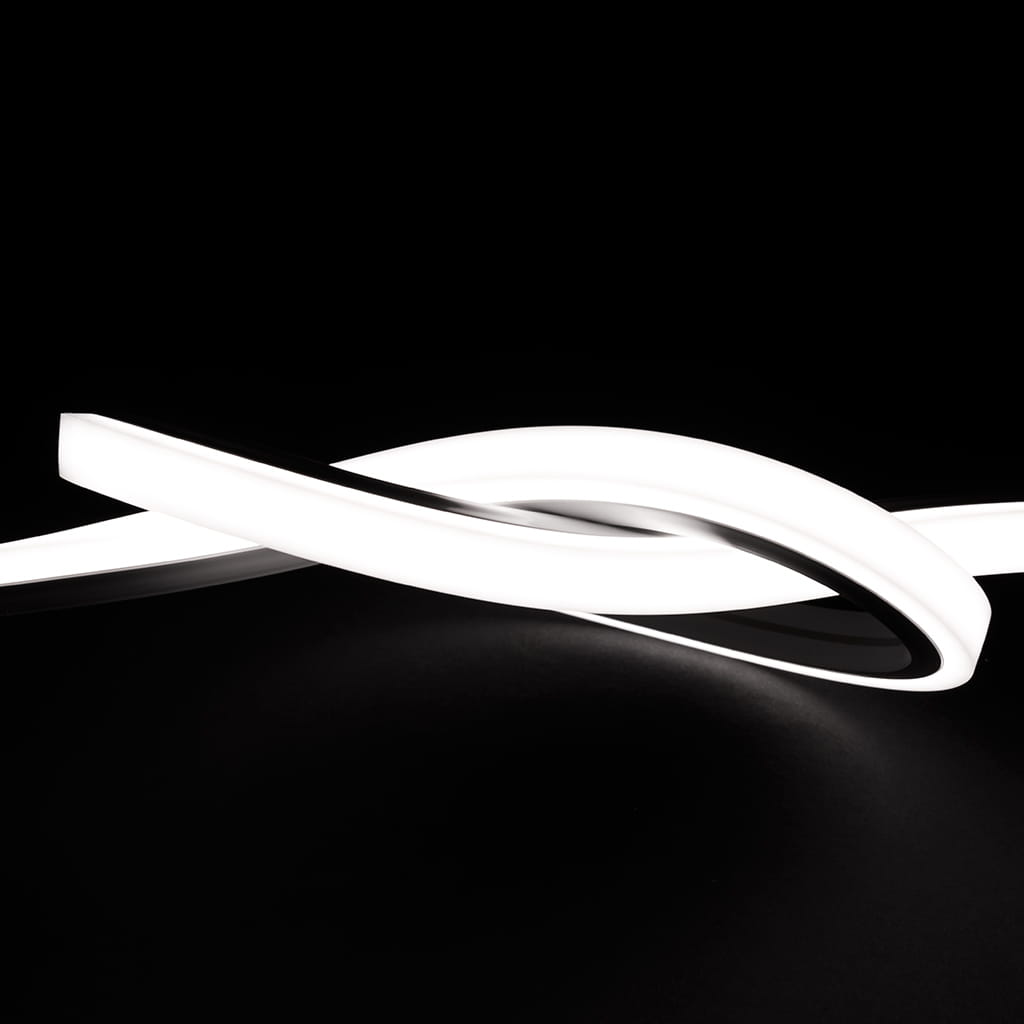 Two white Pixel IP44/IP66 Neon Flexible LED Light Line (24V) ~ Flex Slim Series strips overlap on a black background, forming an abstract modern pattern with smooth, glowing lines and contrasting shadows.