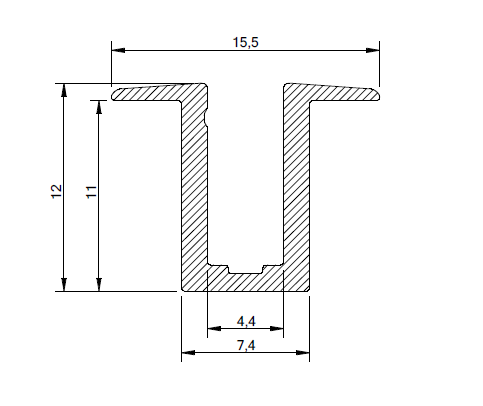 Cross-sectional technical drawing of Recessed Mounting Clips for Neon Flex Ultra Slim Series, labeled: top width 15.5 units, height 12 units, internal height 11 units, inner width 4.4 units, base width 7.4 units—ideal for recessed mounting.