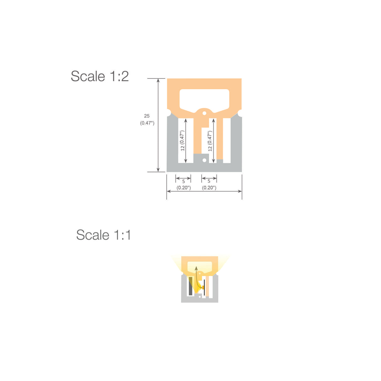 Diagram shows a pencil sharpener at two scales: top is Scale 1:2 (12.00 mm wide, 25 mm tall), bottom is Scale 1:1. Model Neon Las Vegas XL Wide Flexible Neon Lights LED Profile highlights the smaller illustration.