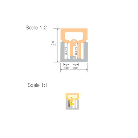 Diagram shows a pencil sharpener at two scales: top is Scale 1:2 (12.00 mm wide, 25 mm tall), bottom is Scale 1:1. Model Neon Las Vegas XL Wide Flexible Neon Lights LED Profile highlights the smaller illustration.