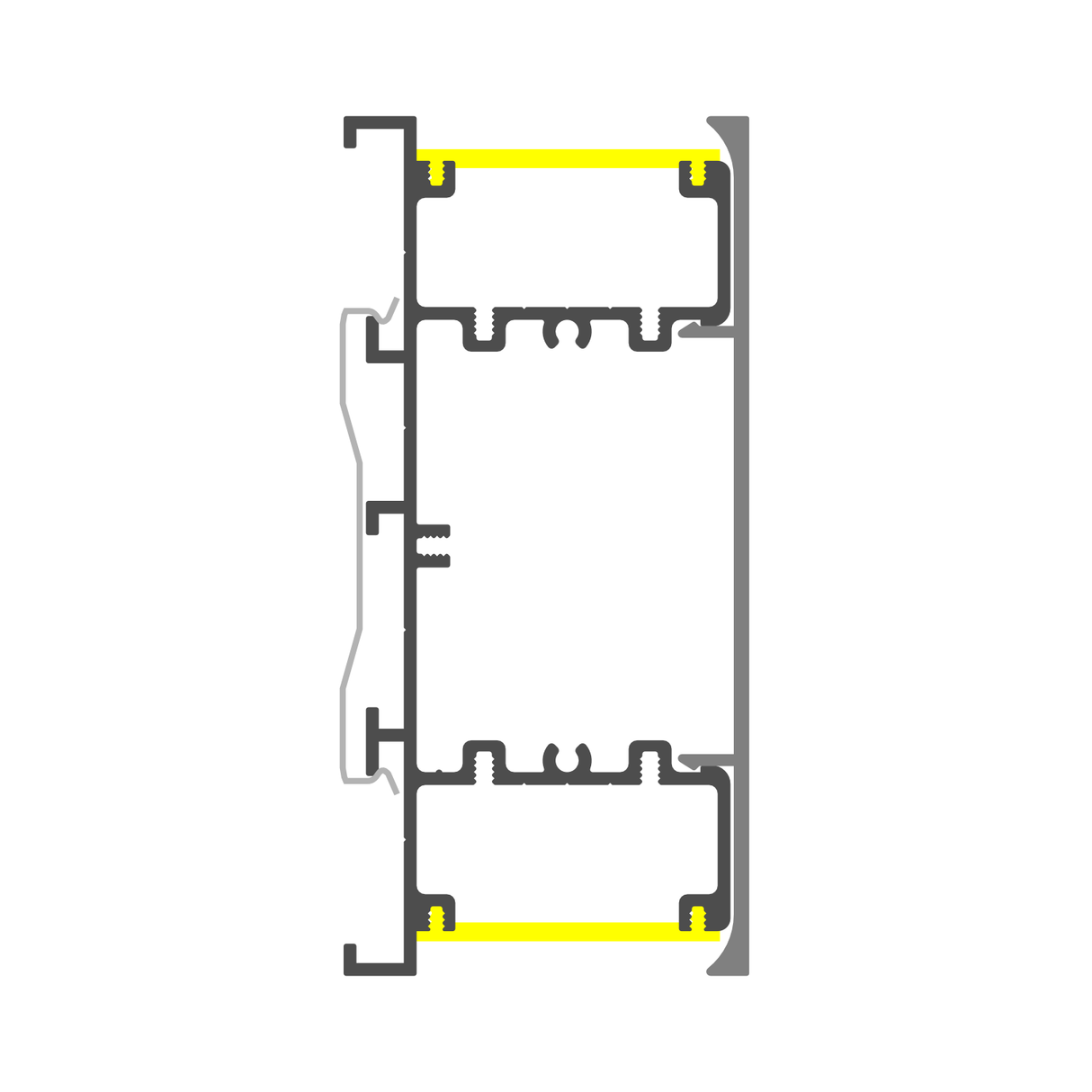 Cross-section diagram of a window or door frame featuring the Up & Down Wall Feature Lighting LED Profile ~ Model New Washington, highlighting integrated LED strips in yellow along horizontal sections for architectural accent.