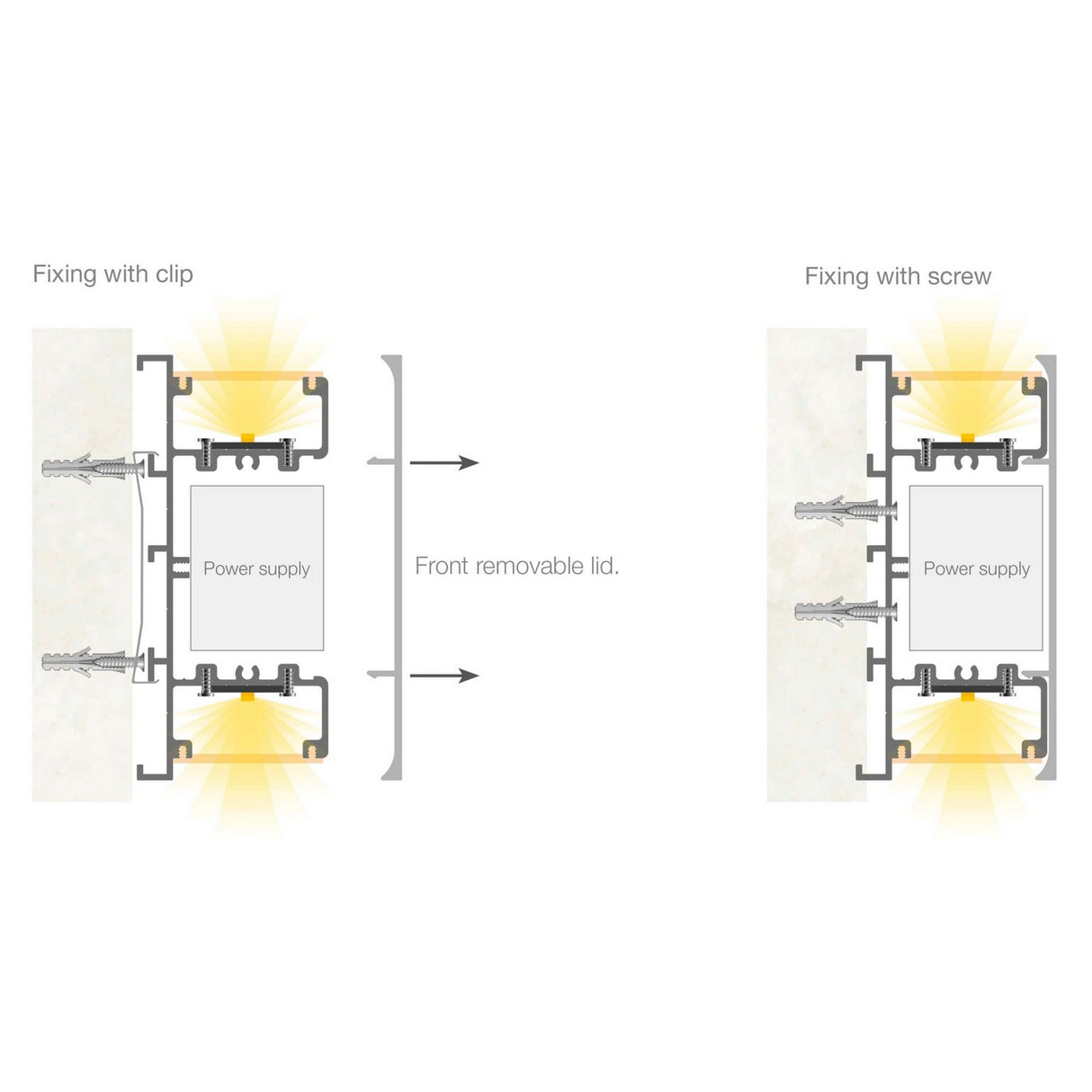 Diagram showing two installation methods for the Up & Down Wall Feature Lighting LED Profile ~ Model New Washington: clip fixing (left) and screw fixing (right). Both feature a front removable lid and are ideal for up & down lighting or LED strip setups.