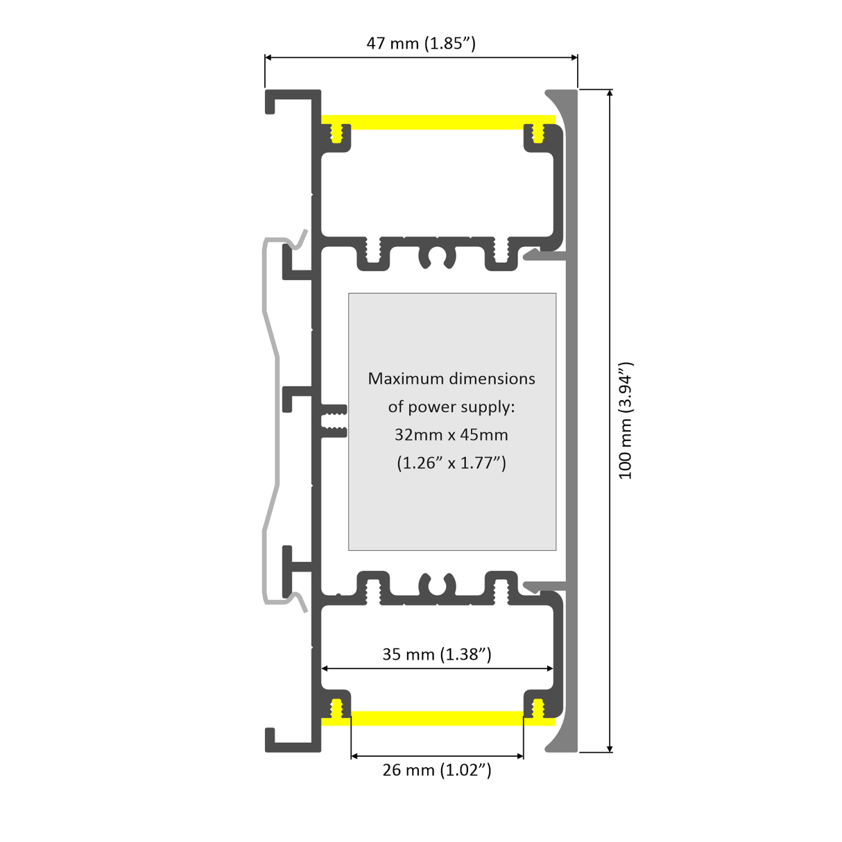 Technical drawing of the Up & Down Wall Feature Lighting LED Profile (Model New Washington) shows a rectangular cross-section with 47mm width, 100mm height, 26mm base, 35mm inner width, and max power supply size of 32mm x 45mm.