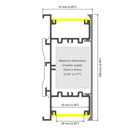 Technical drawing of the Up & Down Wall Feature Lighting LED Profile (Model New Washington) shows a rectangular cross-section with 47mm width, 100mm height, 26mm base, 35mm inner width, and max power supply size of 32mm x 45mm.