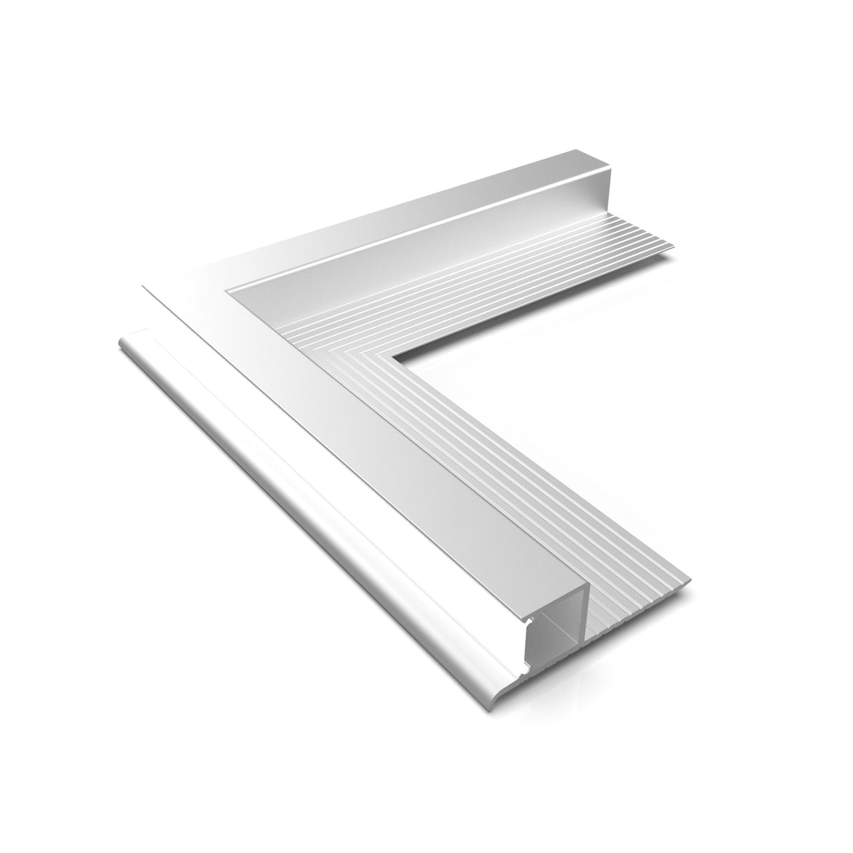 A white, L-shaped aluminum Corner Connector for Omni10 Profile with a ribbed texture, designed as a corner joint piece to protect and give walls or edges a clean finish.