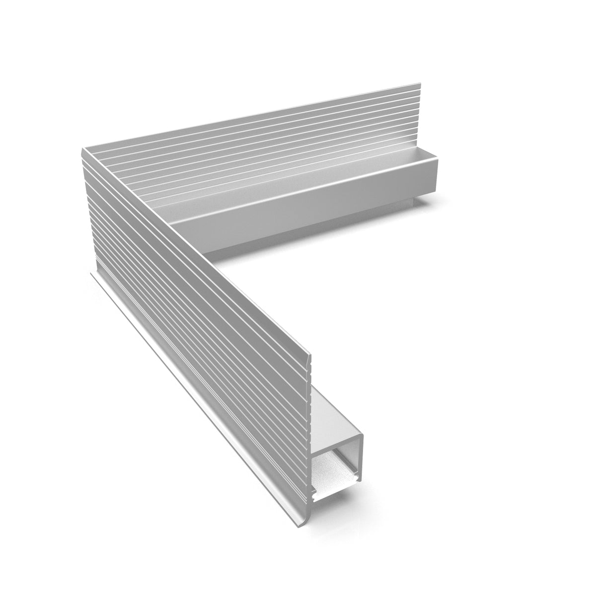 A silver, L-shaped metal corner connector for the Omni10 Profile with a ribbed texture, shown from an elevated angle on a white background—perfect for creating corners in LED channel installations.