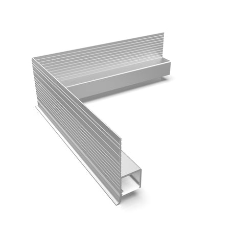 A silver, L-shaped metal corner connector for the Omni10 Profile with a ribbed texture, shown from an elevated angle on a white background—perfect for creating corners in LED channel installations.